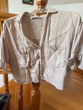 Zara Beige Linen-Blend Short Sleeve Button Crop Top